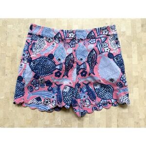 Talbots Shorts Womens Pink Blue Fish Scalloped Hem Cotton Beach Nautical Sz 2